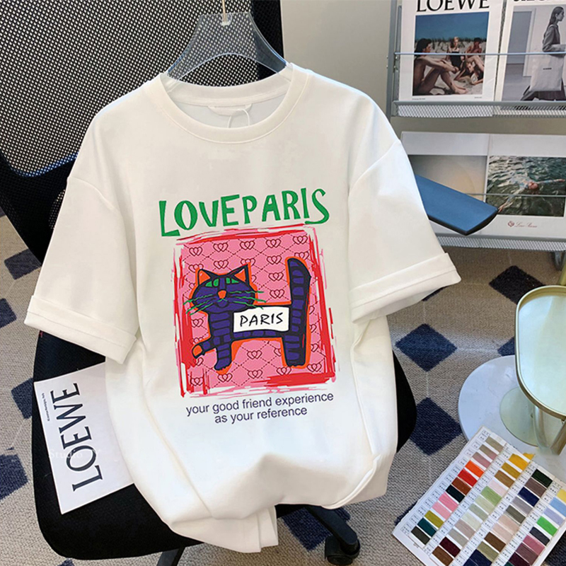 白色短袖t恤女夏季2025新款宽松百搭正肩印花中长款港味chic上衣