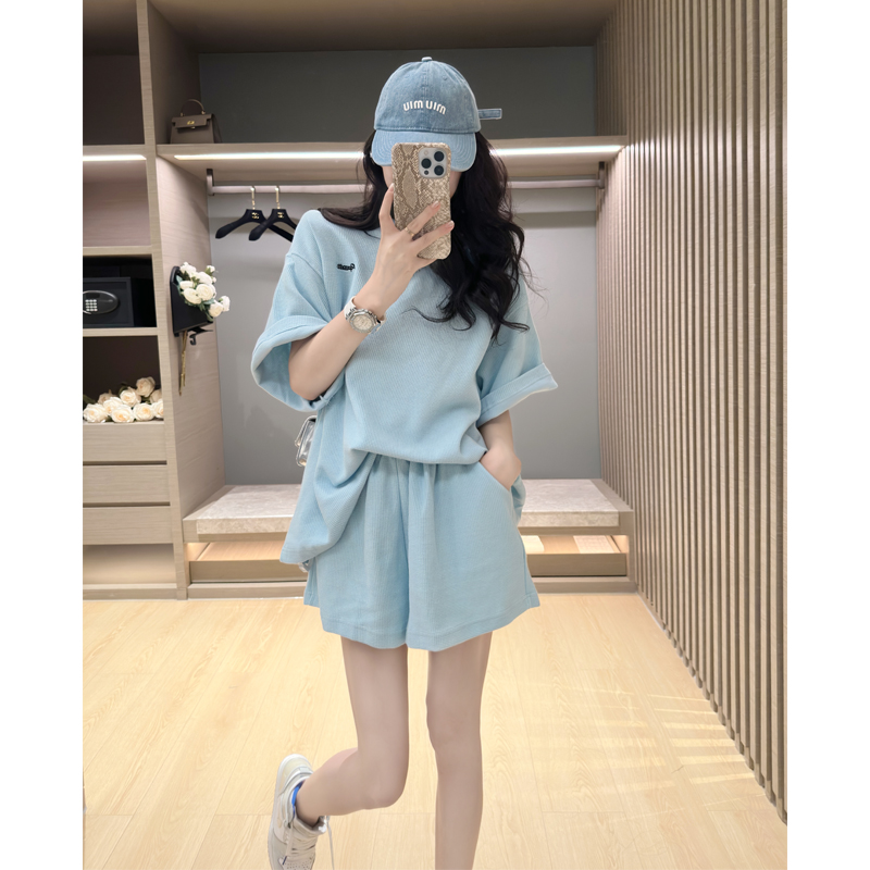 五一必备衣服女套装夏休闲运动网红蓝色宽松短袖上衣短裤减龄洋气