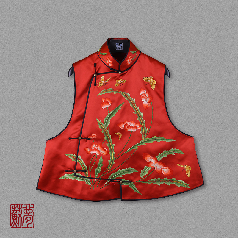 {苏梦}蝴恋花影手绣圆领斜襟马甲中式百搭0104451 0104450