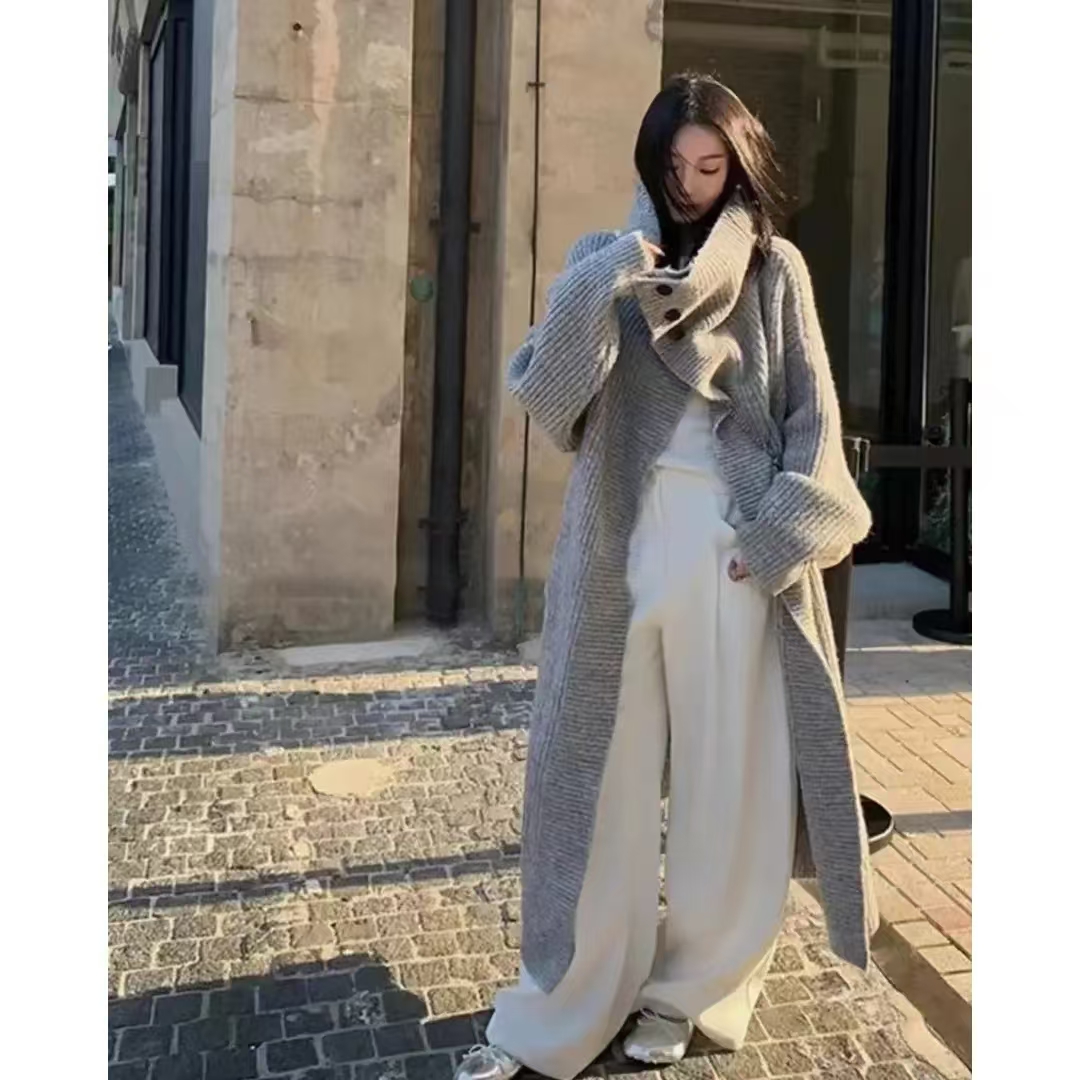 慵懒大翻领中长款针织开衫女加厚秋冬季新款高领毛衣外套宽松大衣