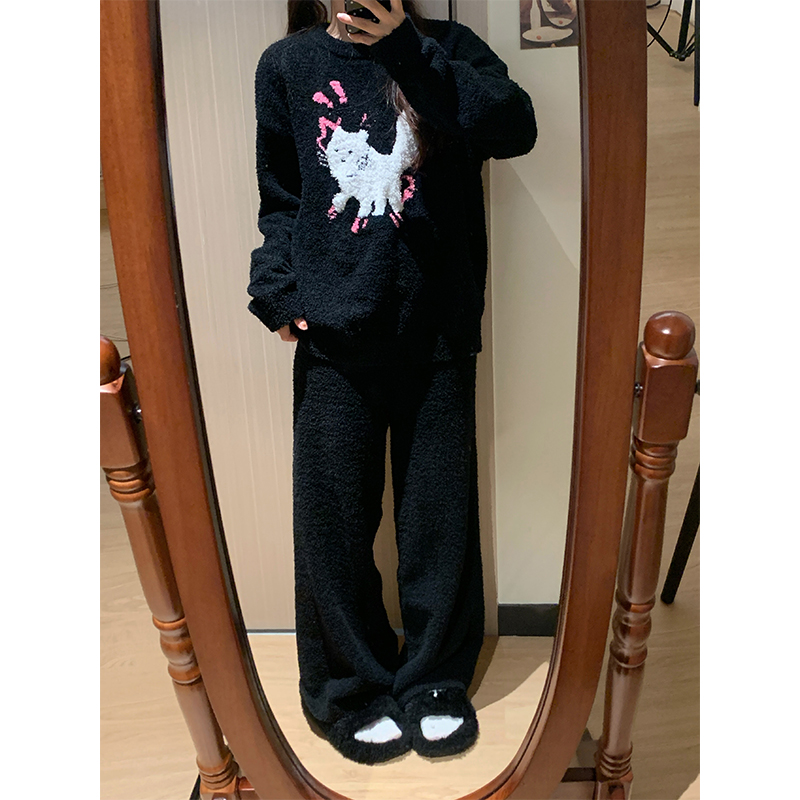 加厚半边绒猫咪睡衣女秋冬款2024新款大码外穿家居服冬天两件套装