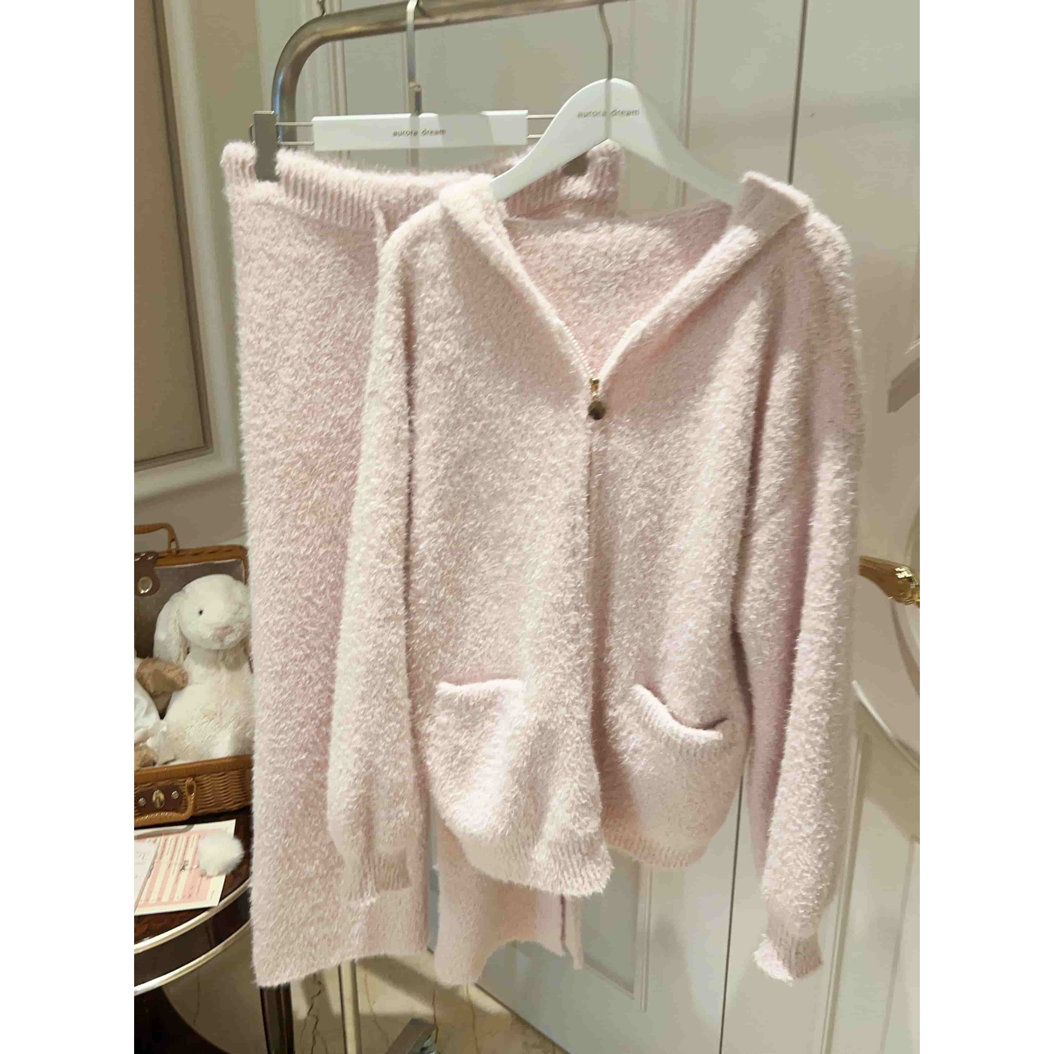 甜美兔耳连帽少女半边绒睡衣女秋冬季新款针织加厚保暖家居服套装