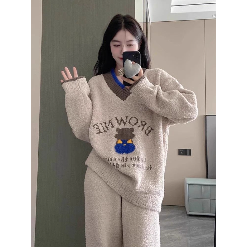 韩版V领半边绒卡通睡衣女款秋冬季加绒加厚撞色针织家居服套装