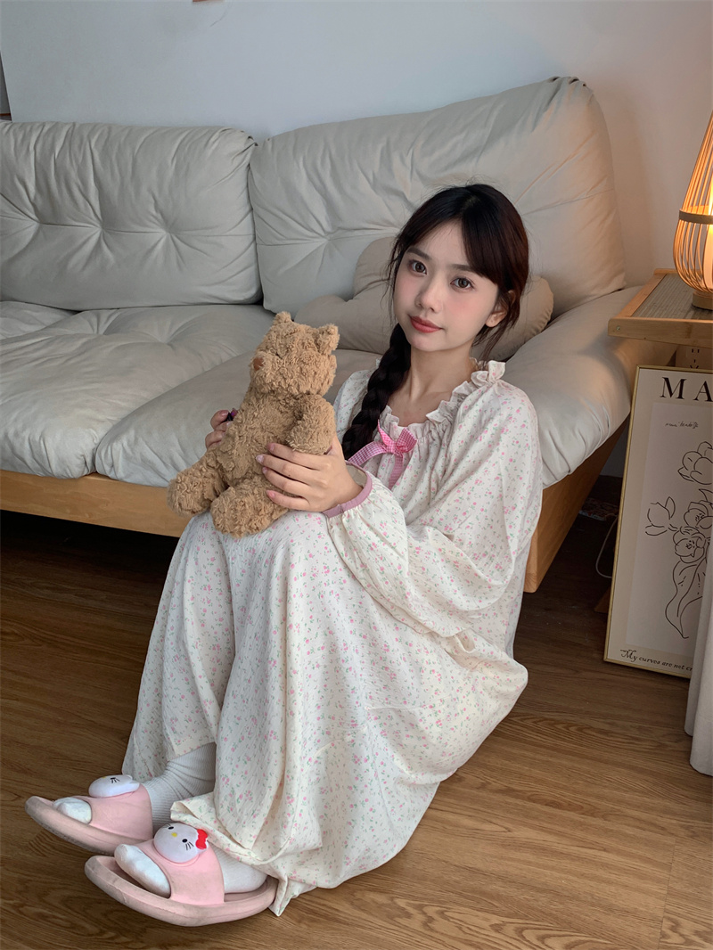 少女甜美碎花长袖睡衣女春秋款2024年新款网红睡裙居家服连衣裙子