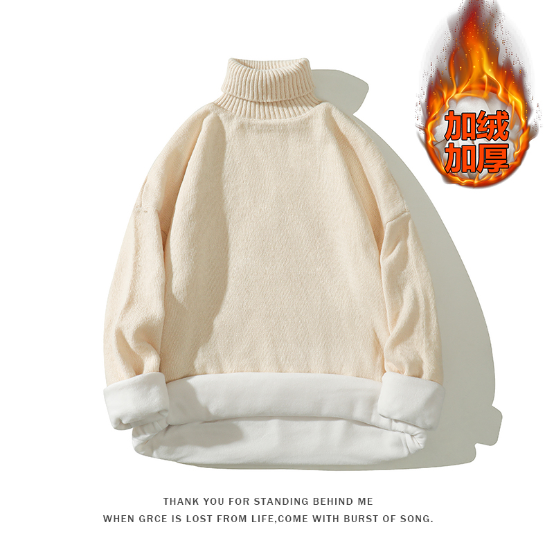 可翻高领毛衣男冬季加绒加厚大码胖子宽松套头针织打底衫保暖线衣