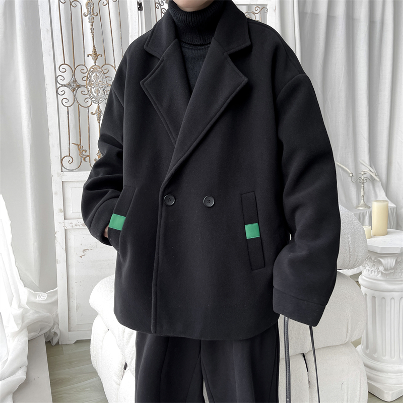 短款毛呢大衣男冬季加厚宽松大码胖子学生简约夹克双排扣呢子外套