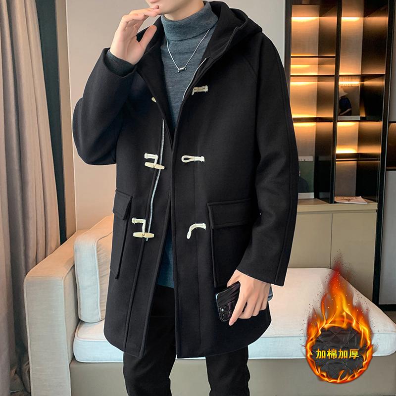 【牛角扣】连帽毛呢大衣男中长款风衣冬季加棉加厚大码学生呢子外套