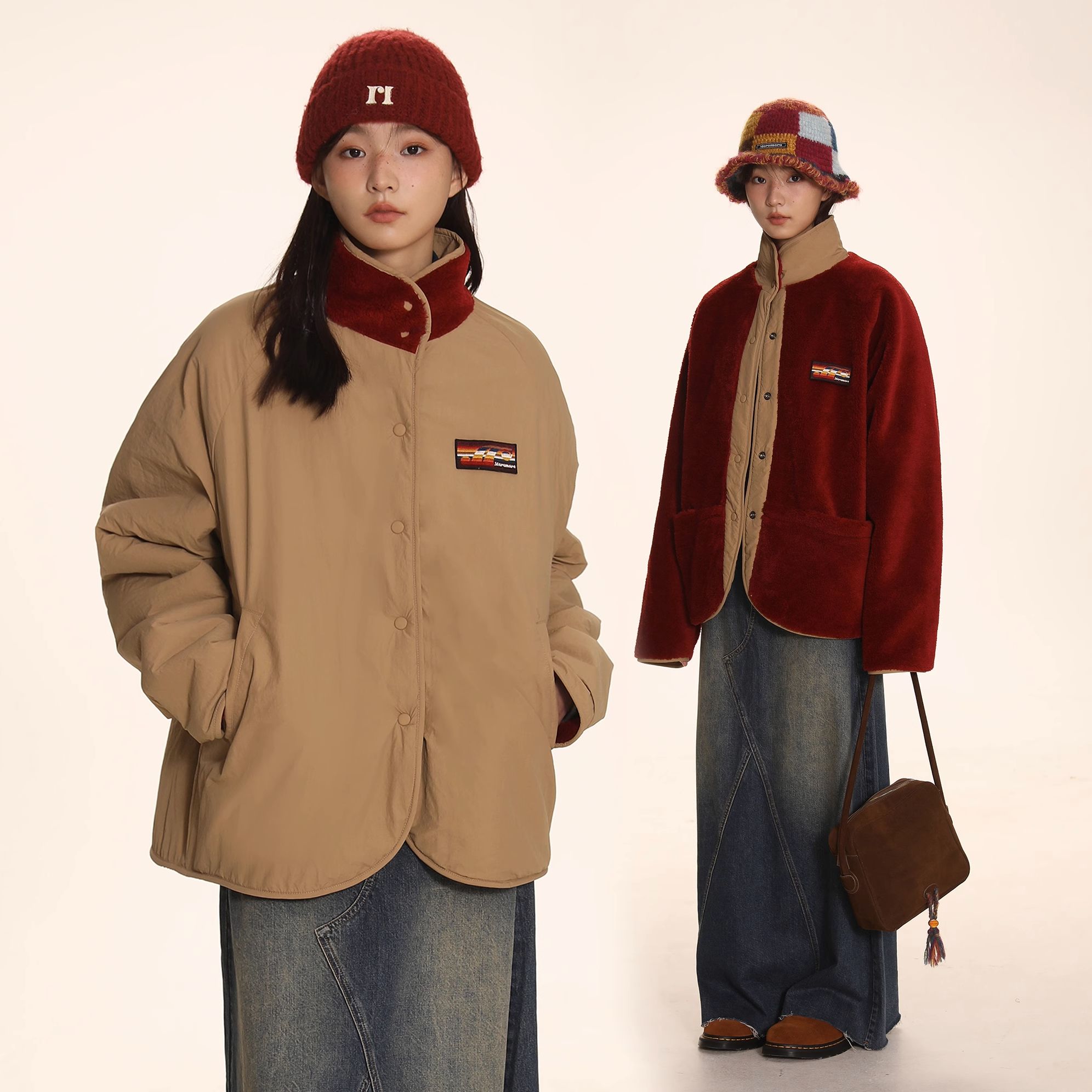 Moromoro立领撞色刺绣仿羊羔毛外套女加绒加厚保暖两面穿棉服上衣