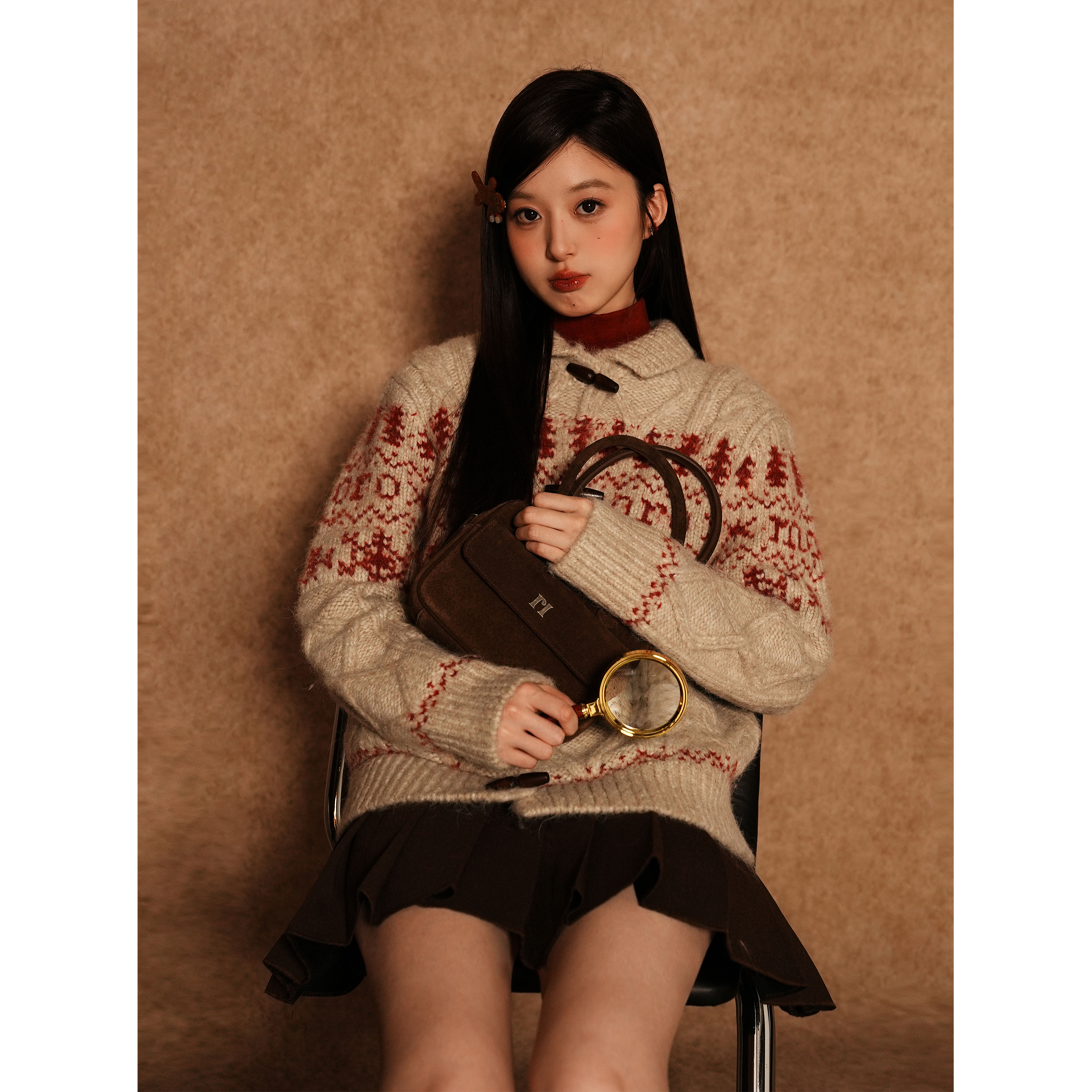 Moromoro冬季新款麻花纹理雪花图案毛衣外套复古原木扣针织开衫女