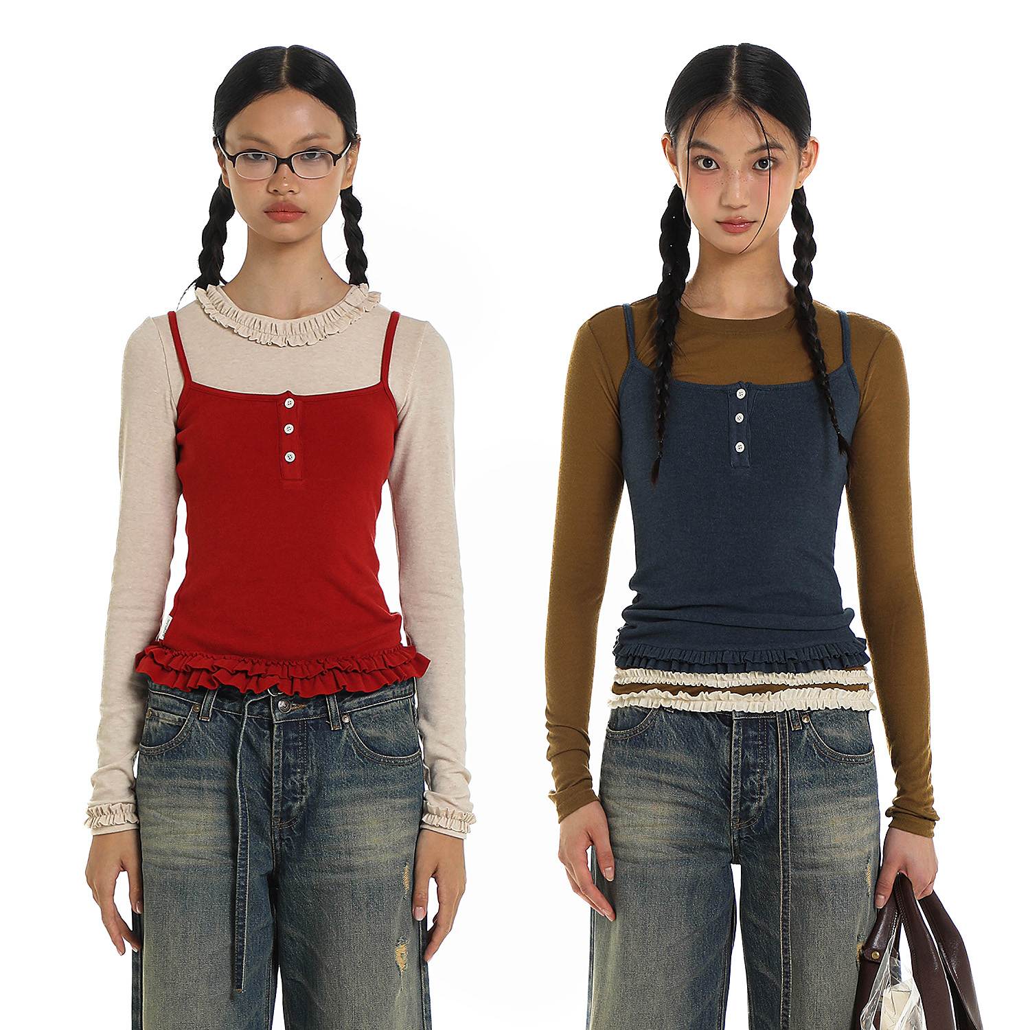 Moromoro小众设计感无袖上衣叠搭双层下摆花边紧身显瘦吊带背心女