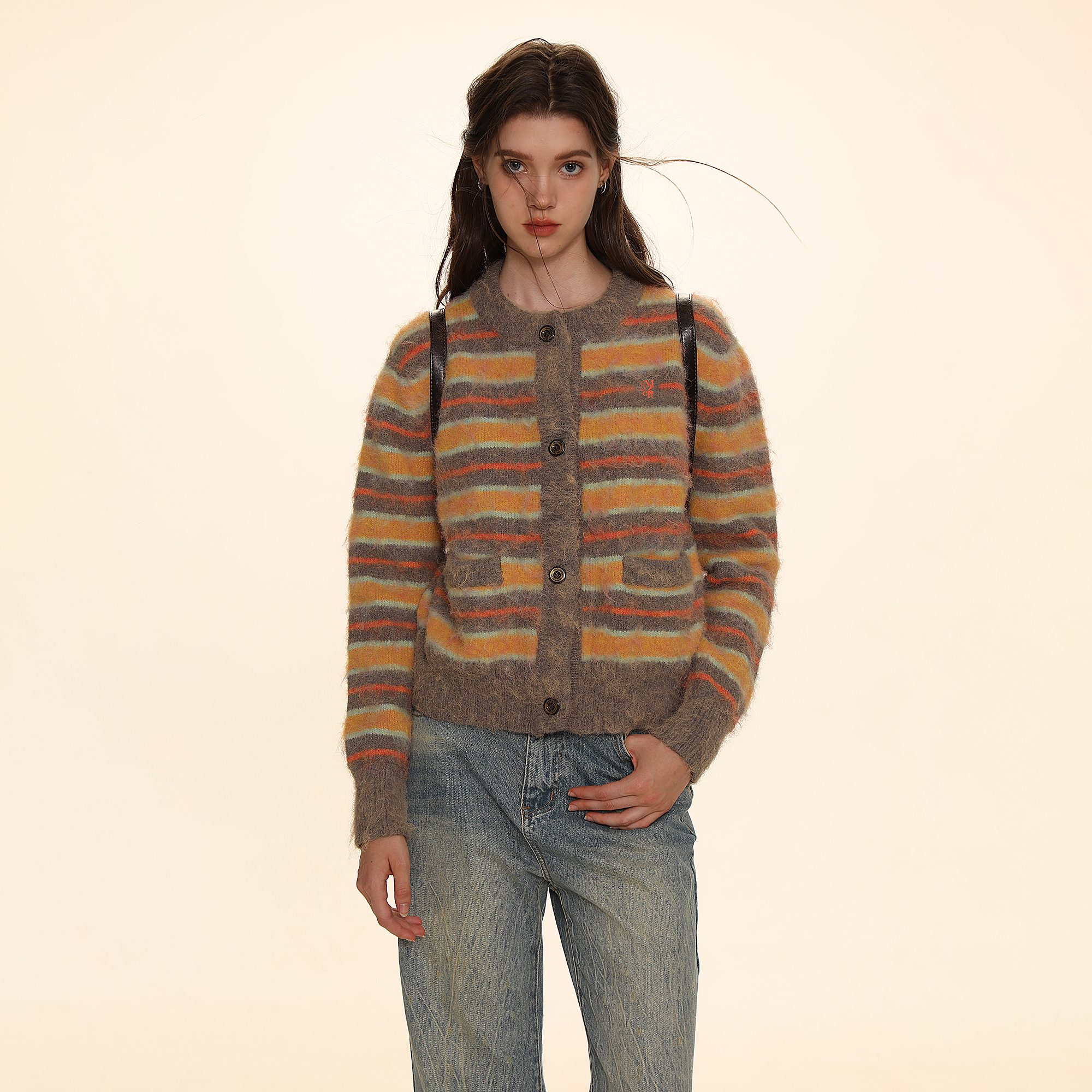 Moromoro秋冬撞色条纹提花圆领针织开衫女复古学院风休闲毛衣外套