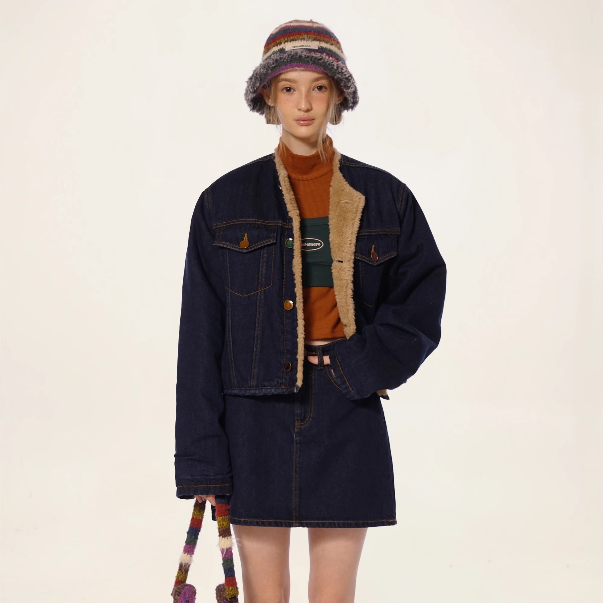 Moromoro复古无领仿羊羔毛牛仔外套女秋冬加绒加厚棉服羊羔绒夹克