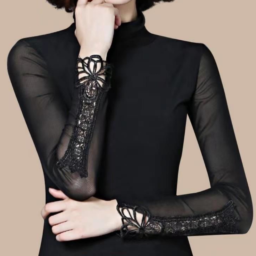 【静哚】黑色春秋百搭高领女士刺绣修身打底衫显瘦气质长袖蕾丝