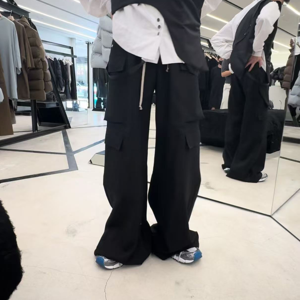 肉哥出品百分百纯羊毛cargo口袋裤拖地宽松直筒阔腿抽绳工装裤