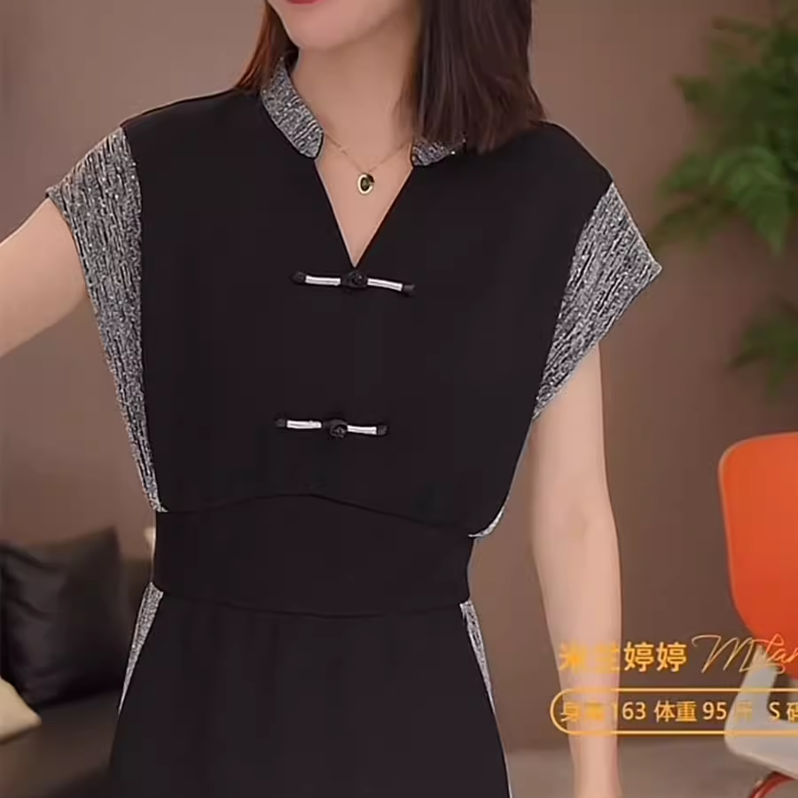 中式国风假两件盘扣T恤连衣裙女2024春夏气质收腰显瘦无袖中长裙