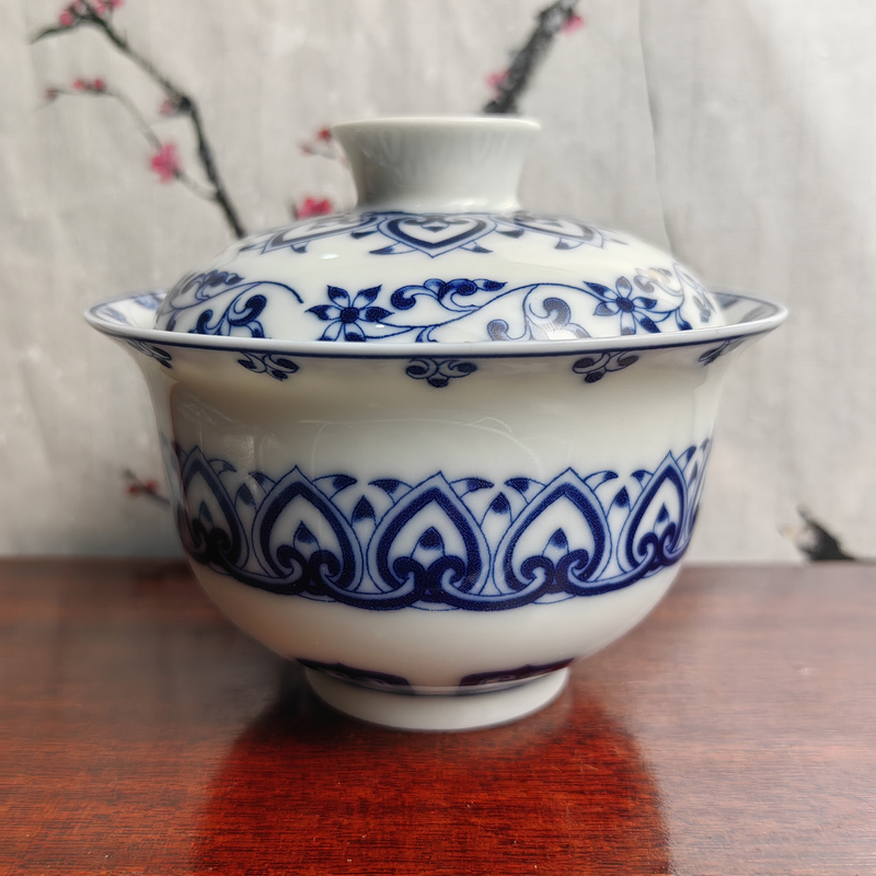 景德镇青花宝相纹二才盖碗不烫手泡茶碗家用陶瓷功夫茶具套装大号