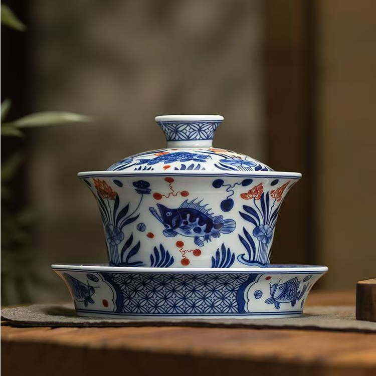 景德镇青花鱼藻纹三才盖碗泡茶碗不烫手家用陶瓷功夫茶具茶杯喝茶