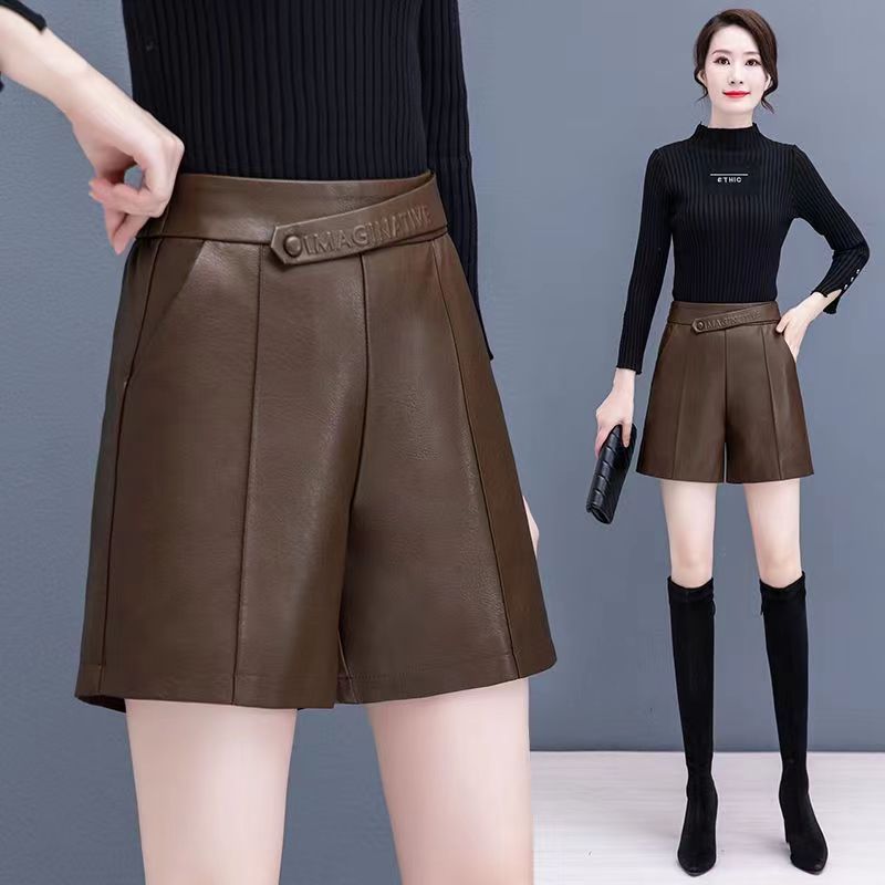 松紧腰pu皮短裤女秋冬阔腿女裤新款韩版时尚大码百搭胖MM皮裤外穿