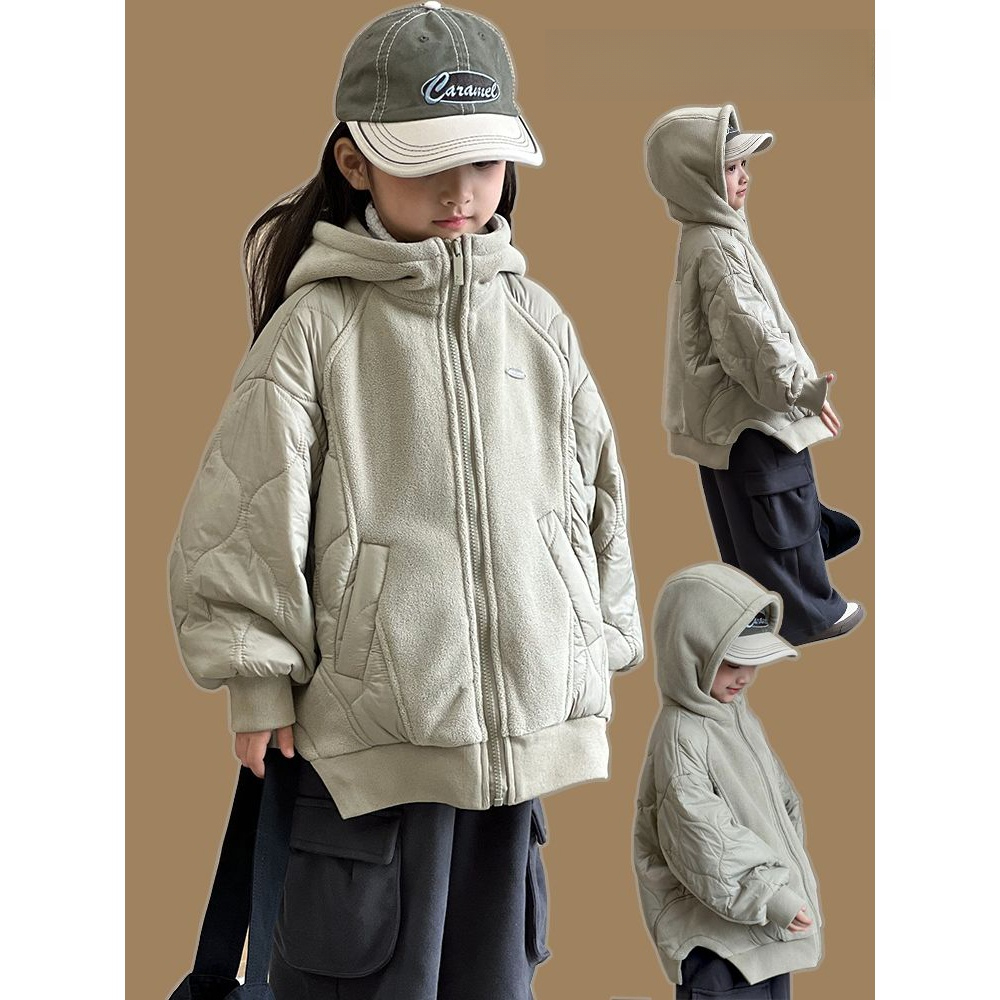 女童摇粒绒外套2023秋装新款儿童秋冬款加厚夹棉连帽棉衣洋气休闲