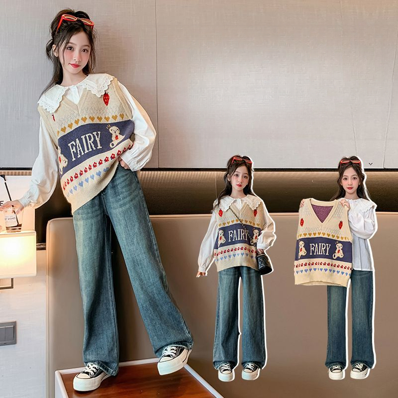 女童套装2023新款秋季公主风中大童长款霸气儿童马甲裤子外穿