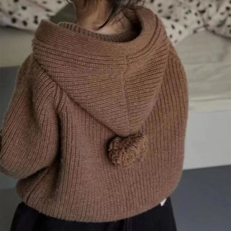 儿童连帽宝宝针织开衫纯色上衣带帽男女童冬款厚款毛衣外套