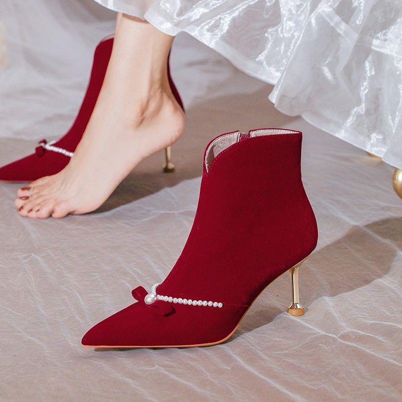 【厂家直销】冬季婚靴红色中式秀禾鞋绒面高跟鞋女结婚短靴珍珠细