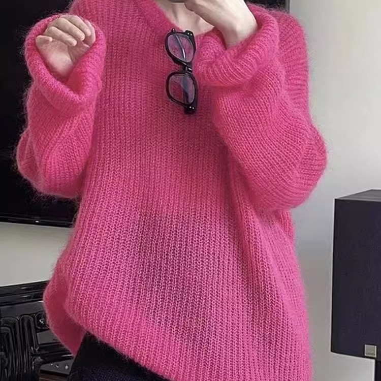 莓粉色马海毛软糯毛衣女设计感2024秋季气质百搭宽松小众上衣女