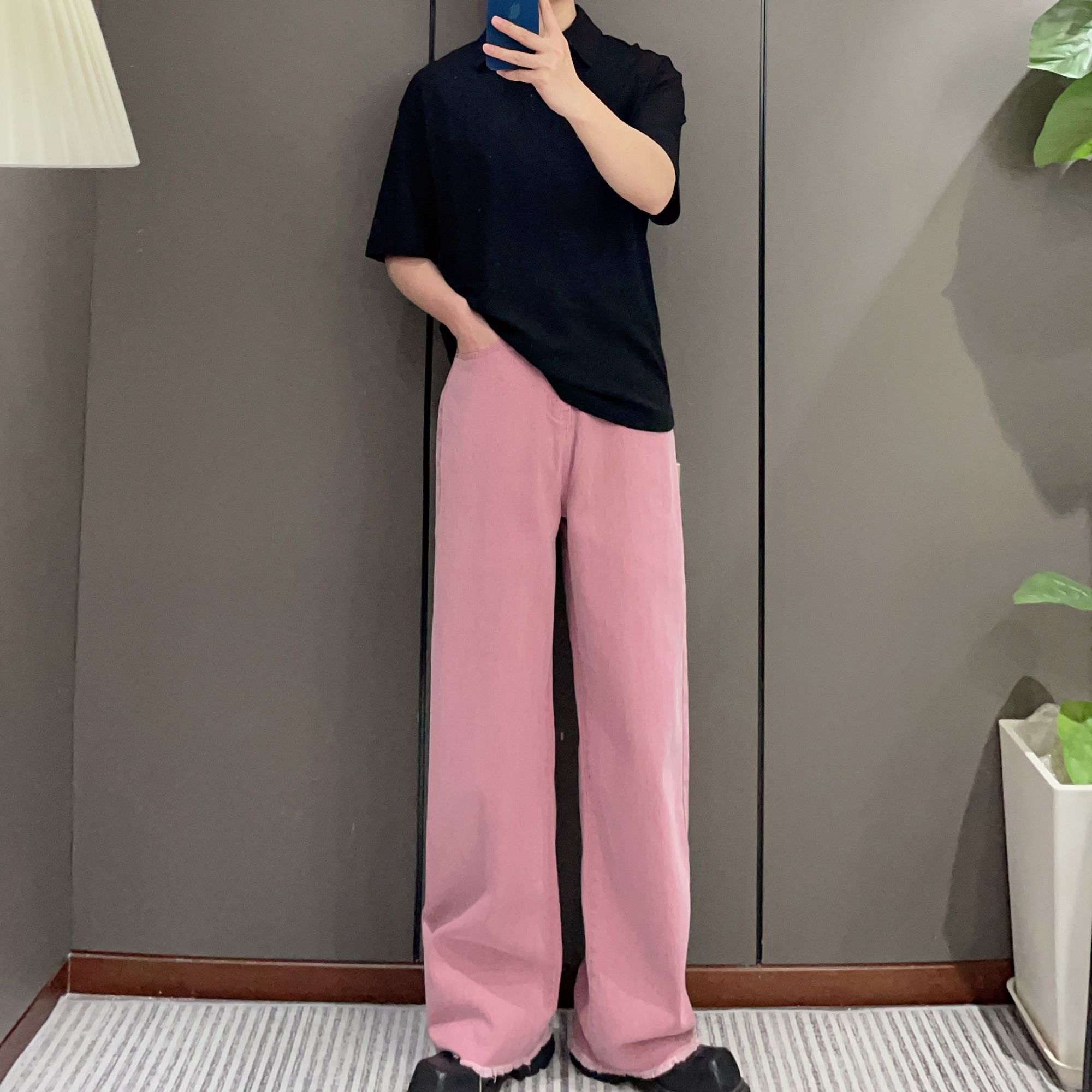 【CHAOSHUJIA】设计师款定制砂洗散边粉色直筒牛仔裤小众宽松直筒裤