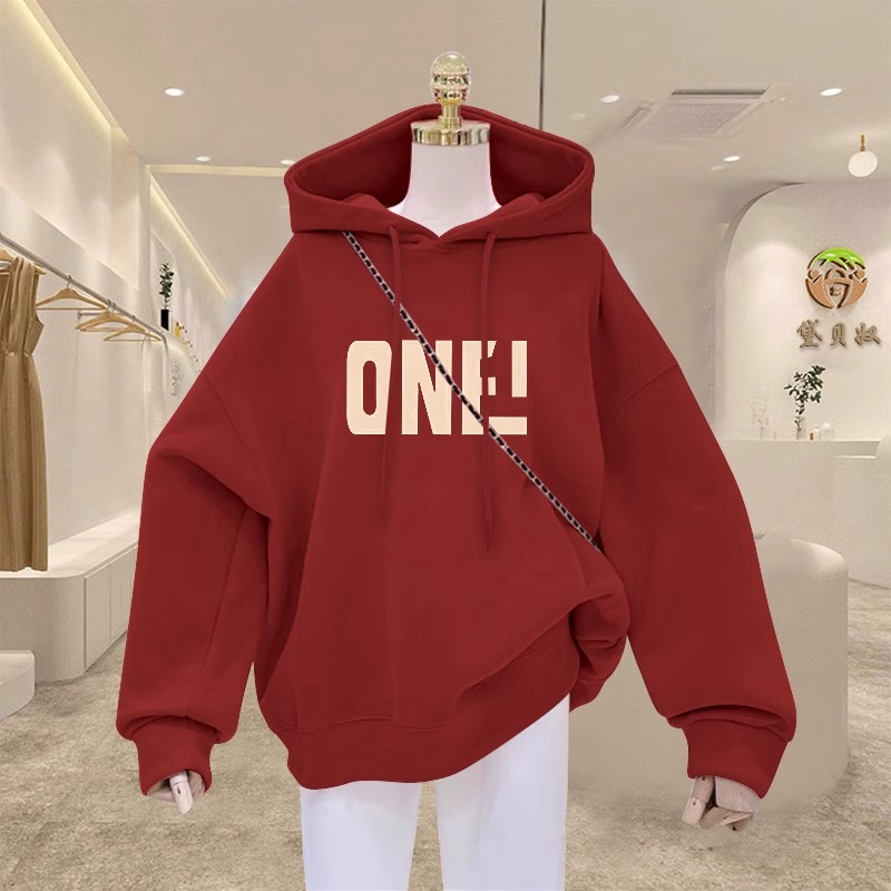 大码印花字母连帽韩版卫衣女2023秋冬季新款宽松外套加绒加厚上衣