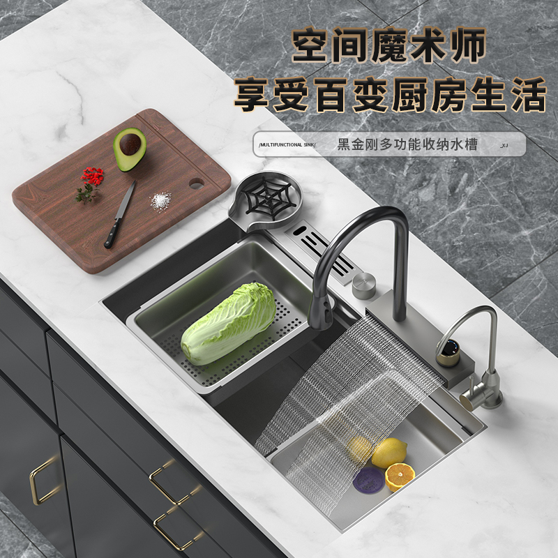 厨房水槽单槽不锈钢飞雨瀑布洗菜盆一体盆台下盆洗碗水池盆大单槽