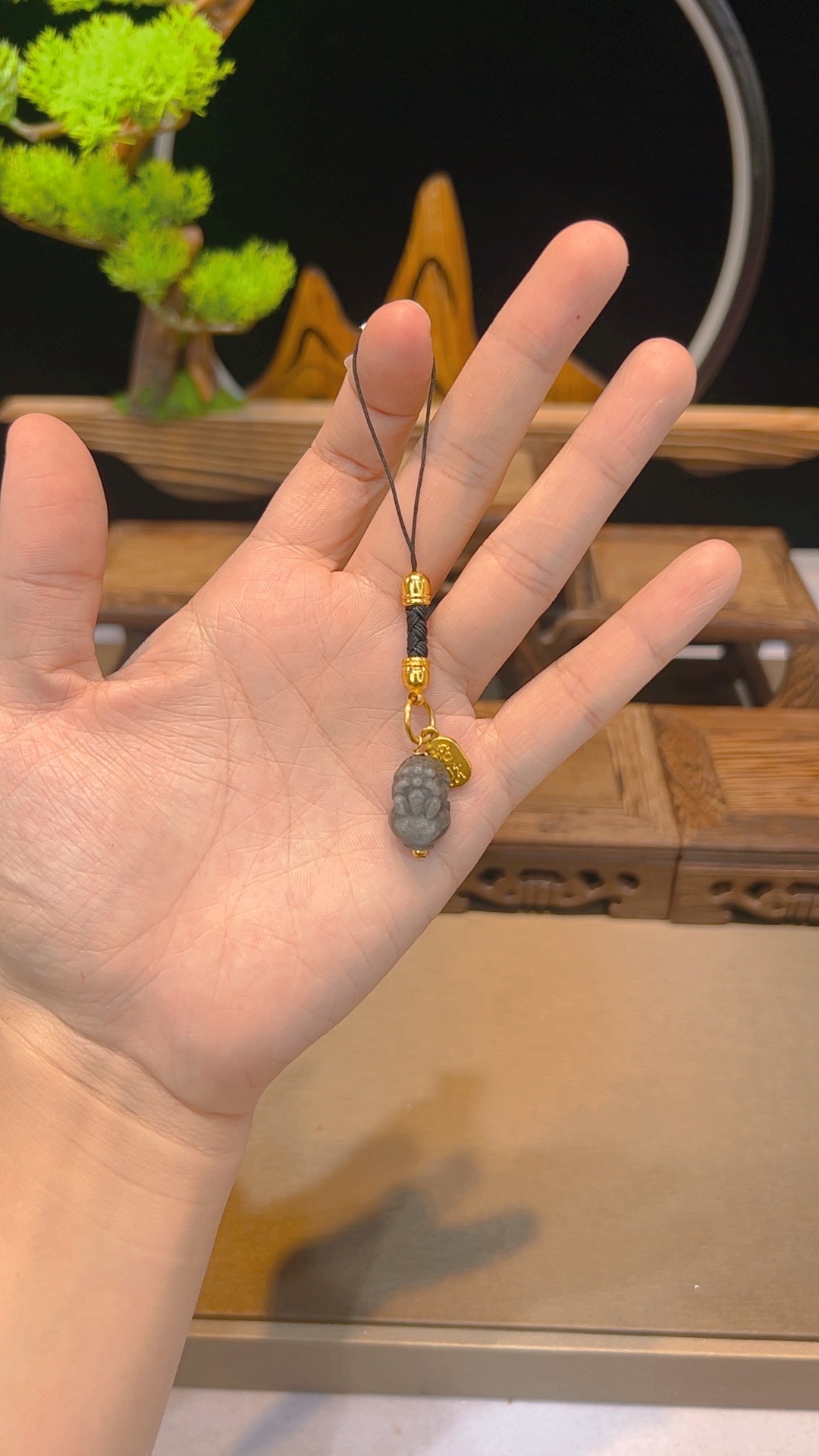 黑曜石手机链挂件搭配纳福牌小众编绳古法简约款Y2003