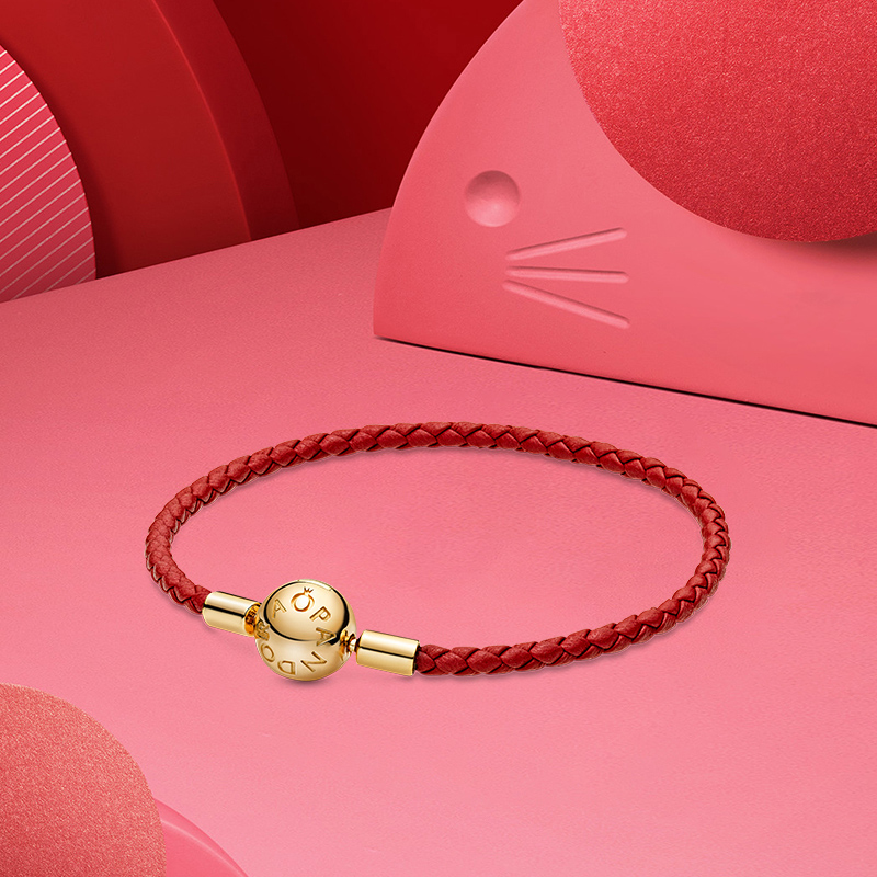 PANDORA/潘多拉 925银手链 单圈牛皮革红绳手链小众设计高级感