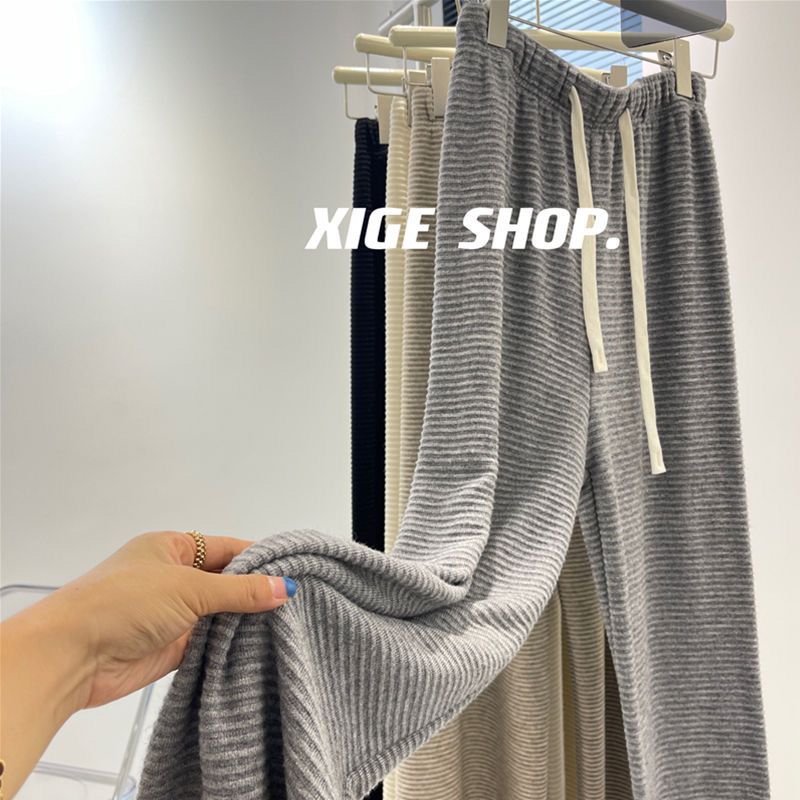黛熙秋冬阔腿新款裤女条纹高腰休闲裤垂感宽松直筒针织松紧休闲拖