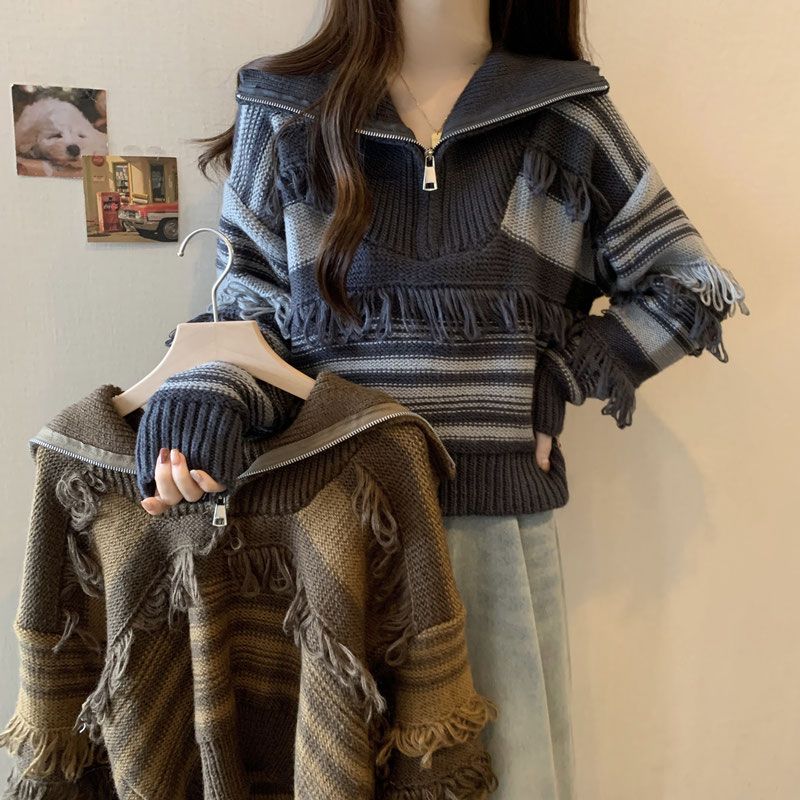 黛熙美拉德辣妹超好看毛衣女秋冬高领条纹流苏针织衫拉链独特初秋