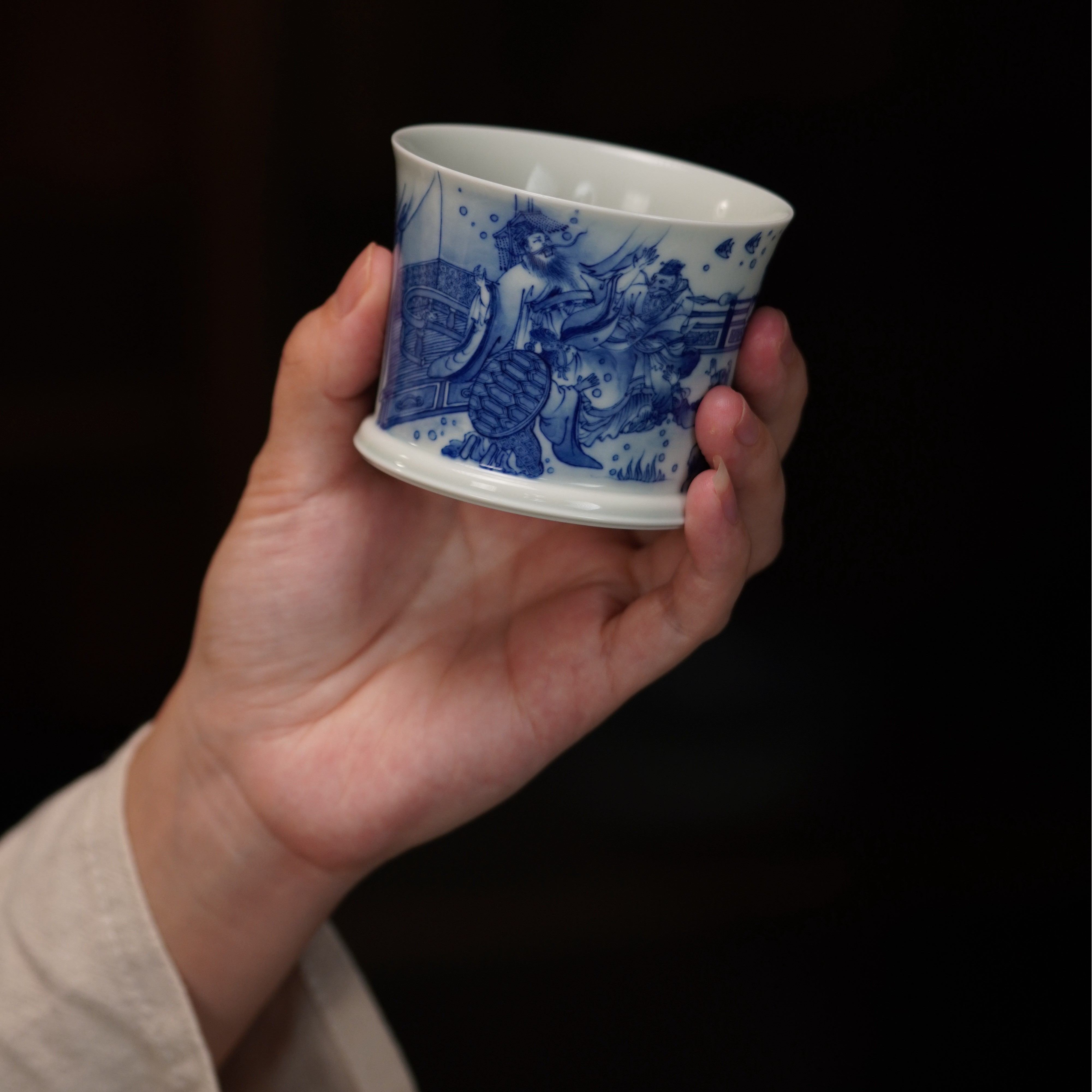 禄意窑曲径奇珍青花人物典故饮杯（哪吒闹海）主人杯全手工