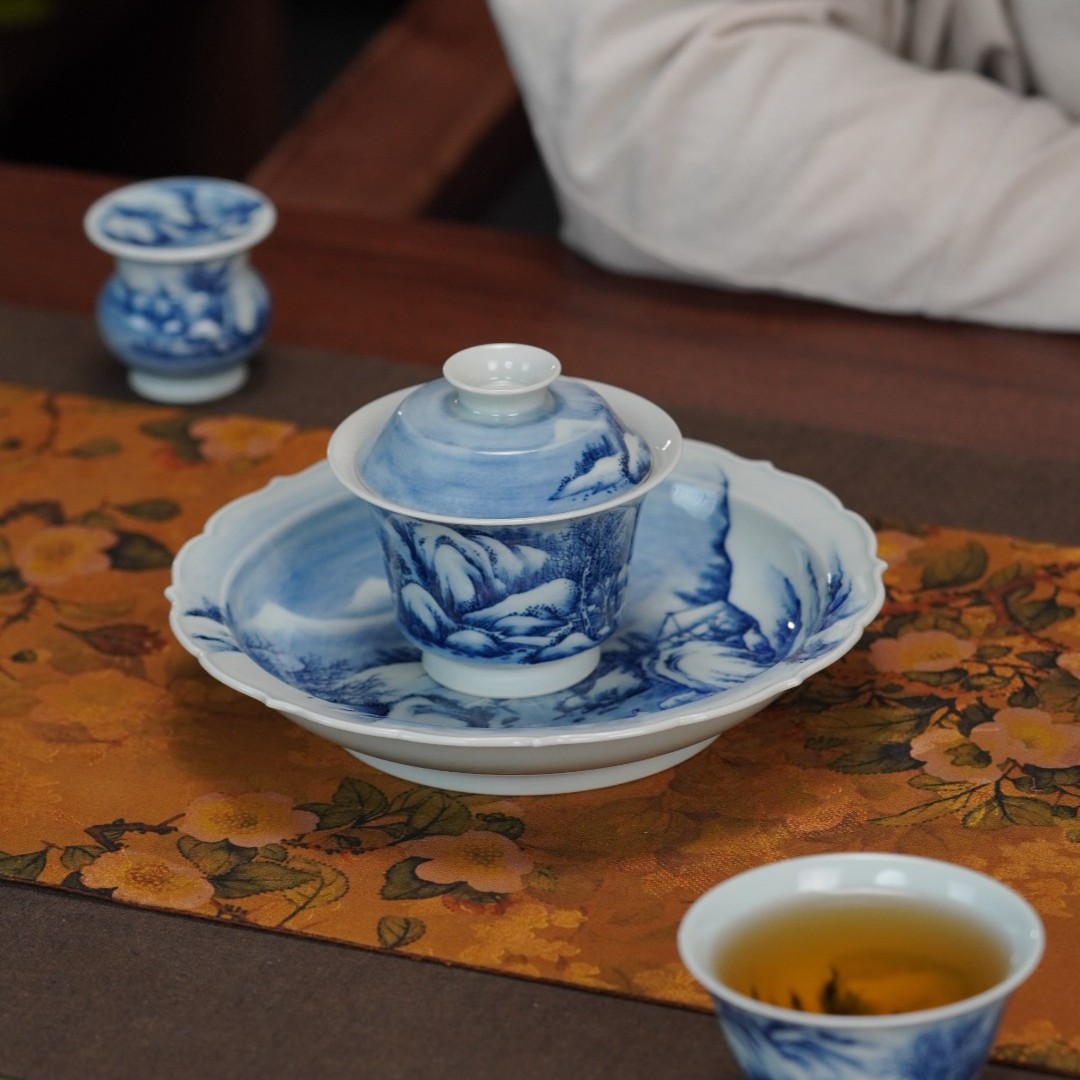 禄意窑青花山水雪景系列景德镇纯手工手绘陶瓷茶具釉下彩