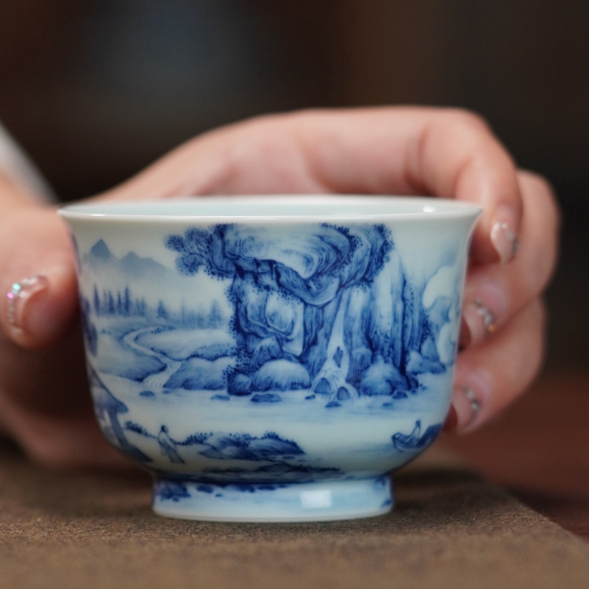 禄意窑收藏器曲径奇珍青花山水饮杯主人杯景德镇陶瓷手绘纯手工