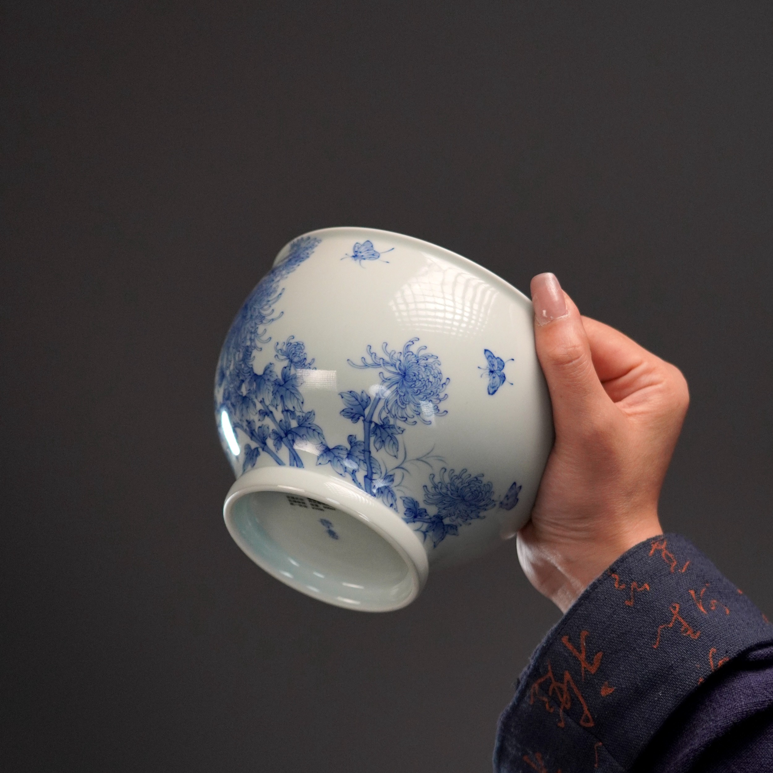 禄意窑经典青花菊花水盂景德镇建水纯手工手绘茶具陶瓷中式大号