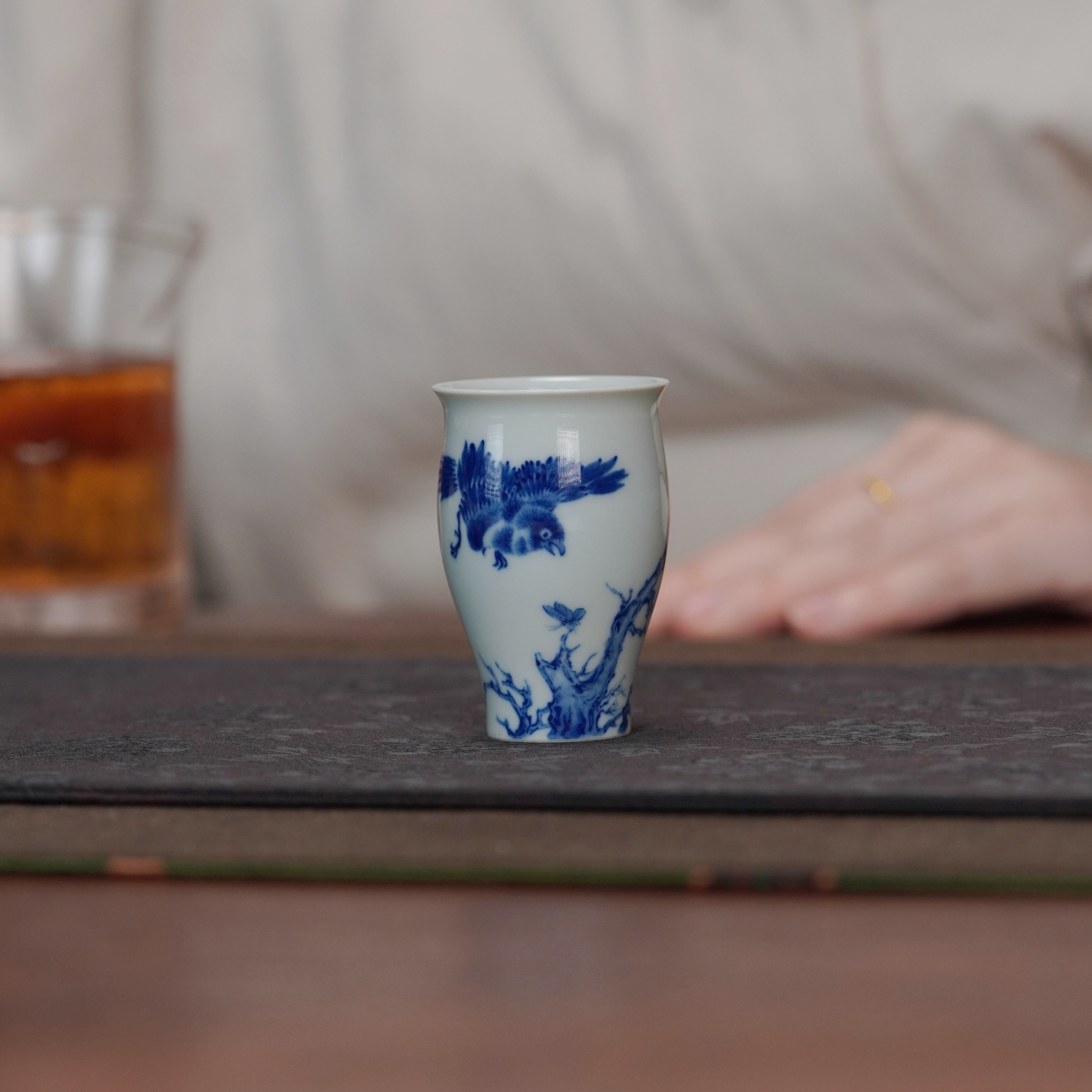 禄意窑青花花鸟禅茶一味饮杯主人杯全手工釉下彩陶瓷茶具