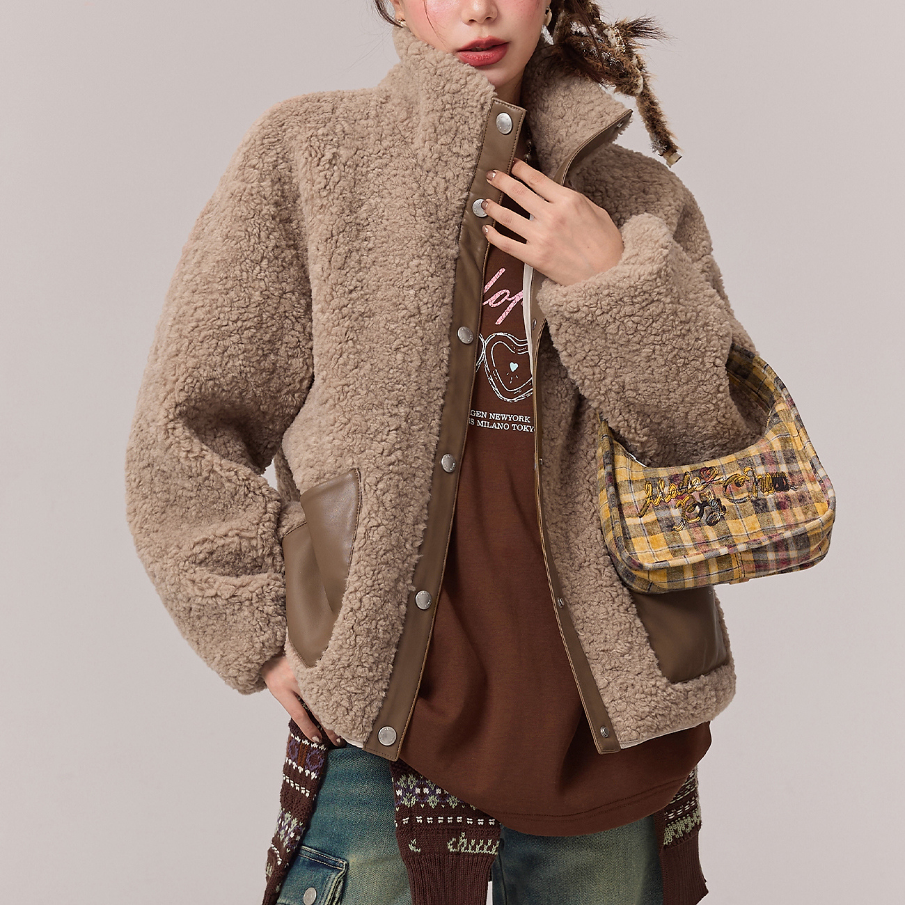 CHUU冬季女装拼接单排扣毛茸茸保暖长袖韩系保暖气质百搭外套