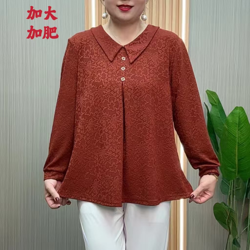 秋季新款时尚加大码妈妈装宽松显瘦气质女士娃娃领长袖上衣小衫