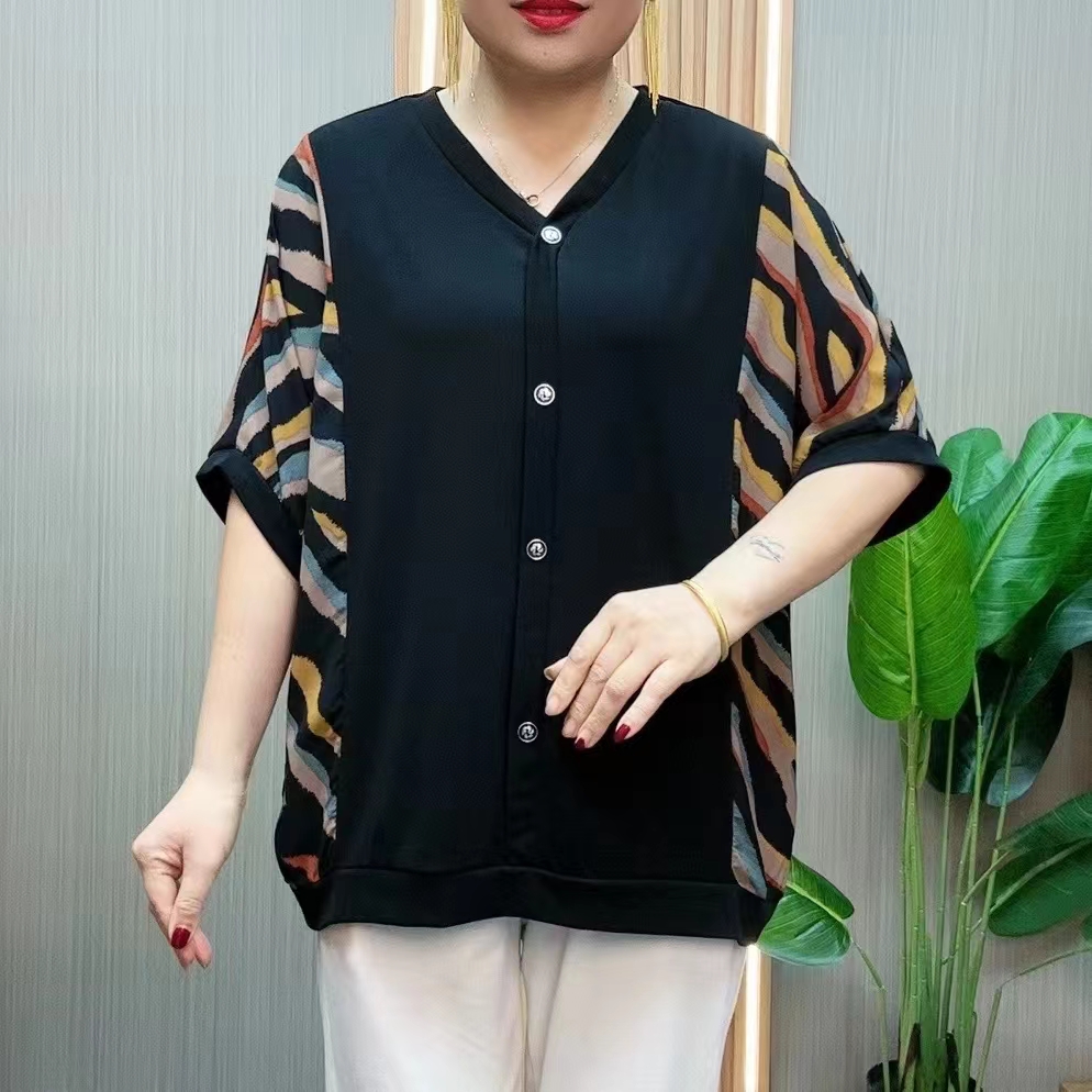 夏季新款时尚加大加肥妈妈装宽松显瘦洋气拼接女士大码短袖小衫