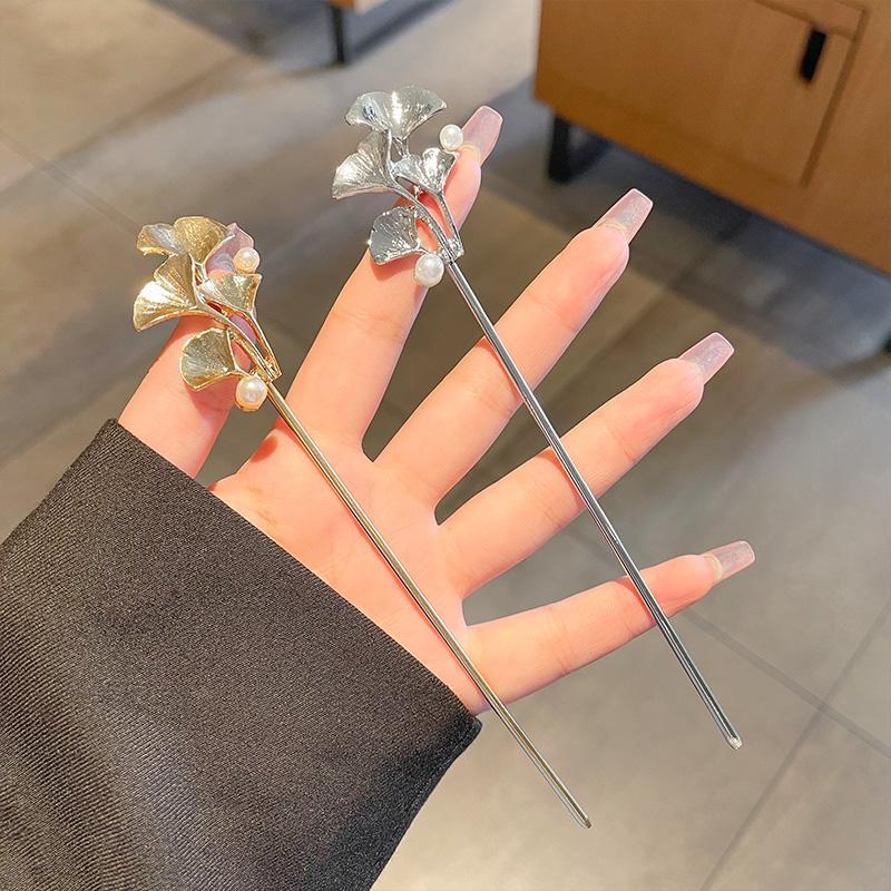 银杏珠子发簪女夏天简约现代金属丸子头盘发簪子配旗袍发钗子头饰