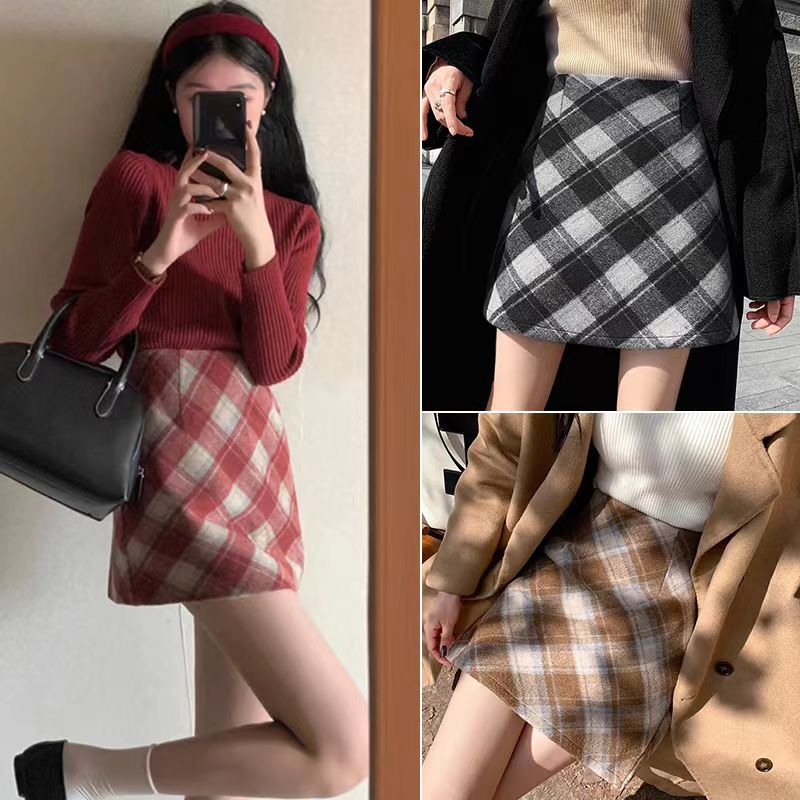 复古毛呢红色格子半身裙女秋冬高腰气质辣妹裙子性感a字包臀短裙