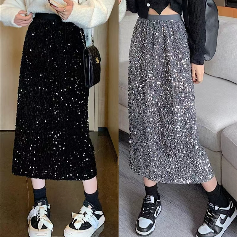 丝绒亮片半身裙女秋冬款2023新款黑色半裙亮闪闪长裙大码闪钻裙子