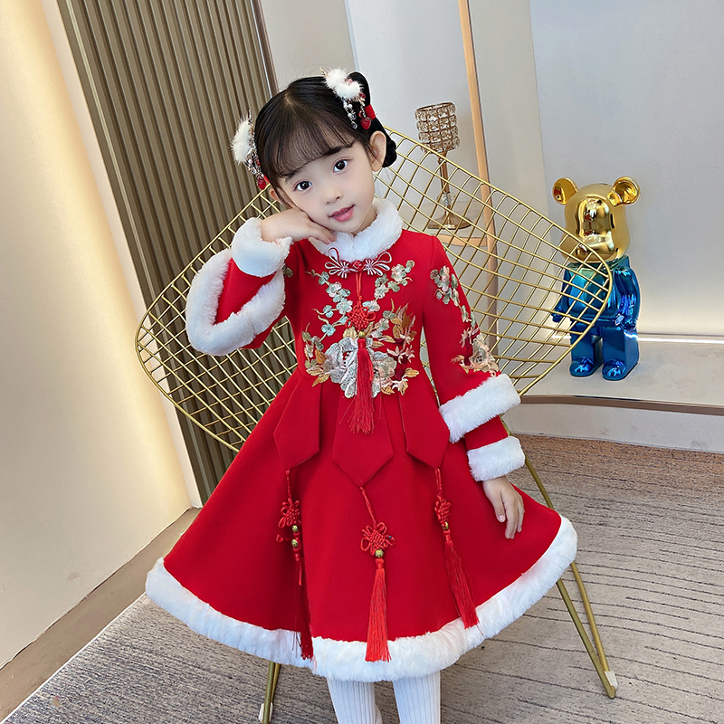 女童汉服中国风拜年服加绒儿童旗袍古装唐装公主裙女孩童装连衣裙