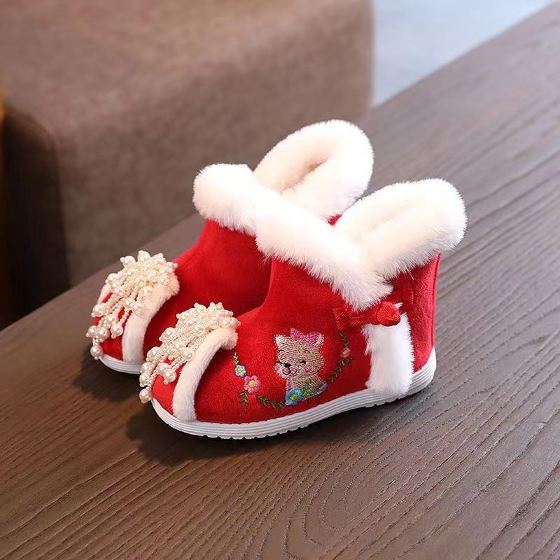 女童绣花鞋加绒中国风冬季保暖保暖宝宝棉鞋古装汉服鞋儿童雪地靴