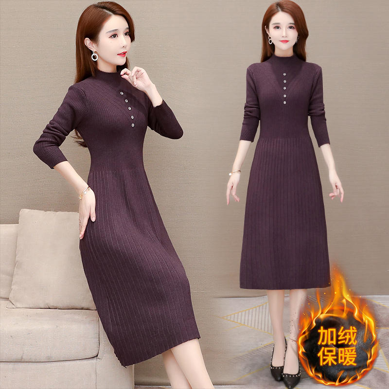 加绒加厚配大衣内搭针织连衣裙女2022新款秋冬中长款打底毛衣裙子