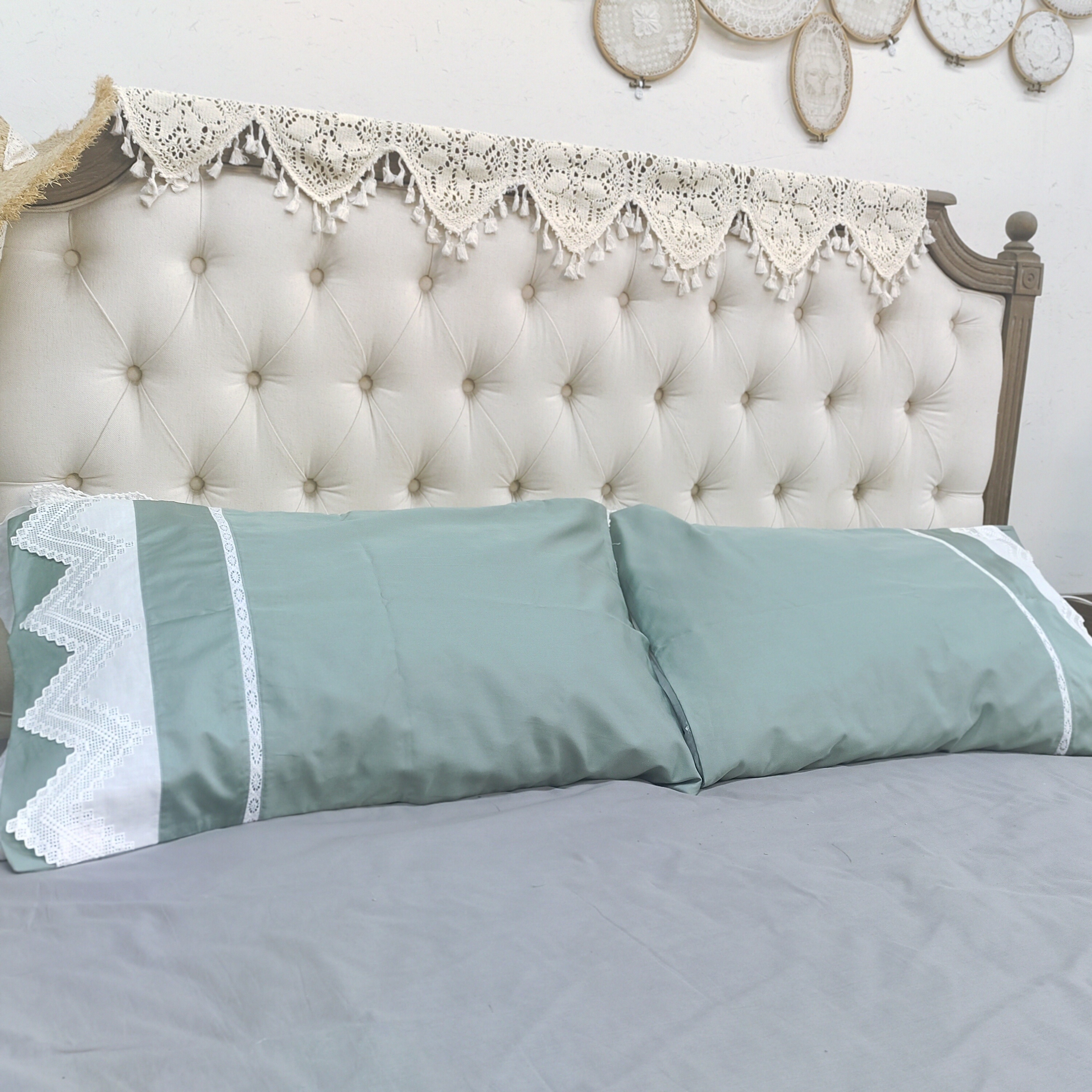 DZ125 扎目绣枕套50×70cm豆沙绿棉质1对