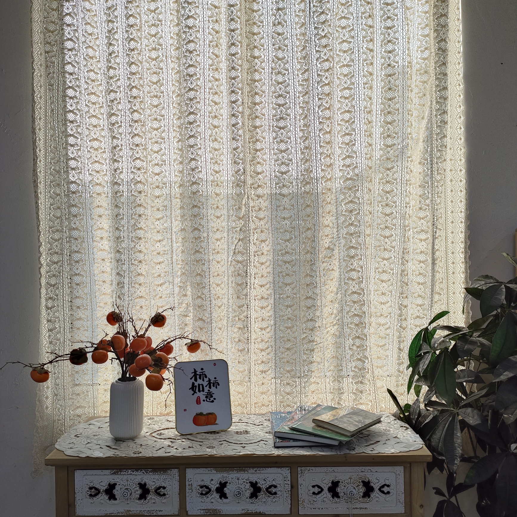 DZ302 细线机钩玫瑰花窗帘2.4×2.6m本色棉质